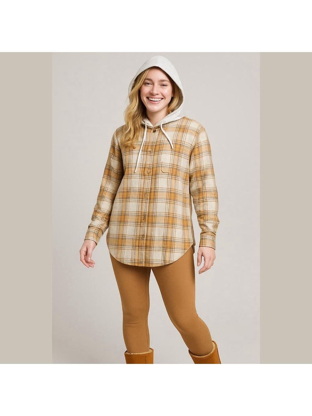 Women's American Eagle Oversized Hooded Plaid Flannel Shirt L Beige Brown - Picture 1 of 11